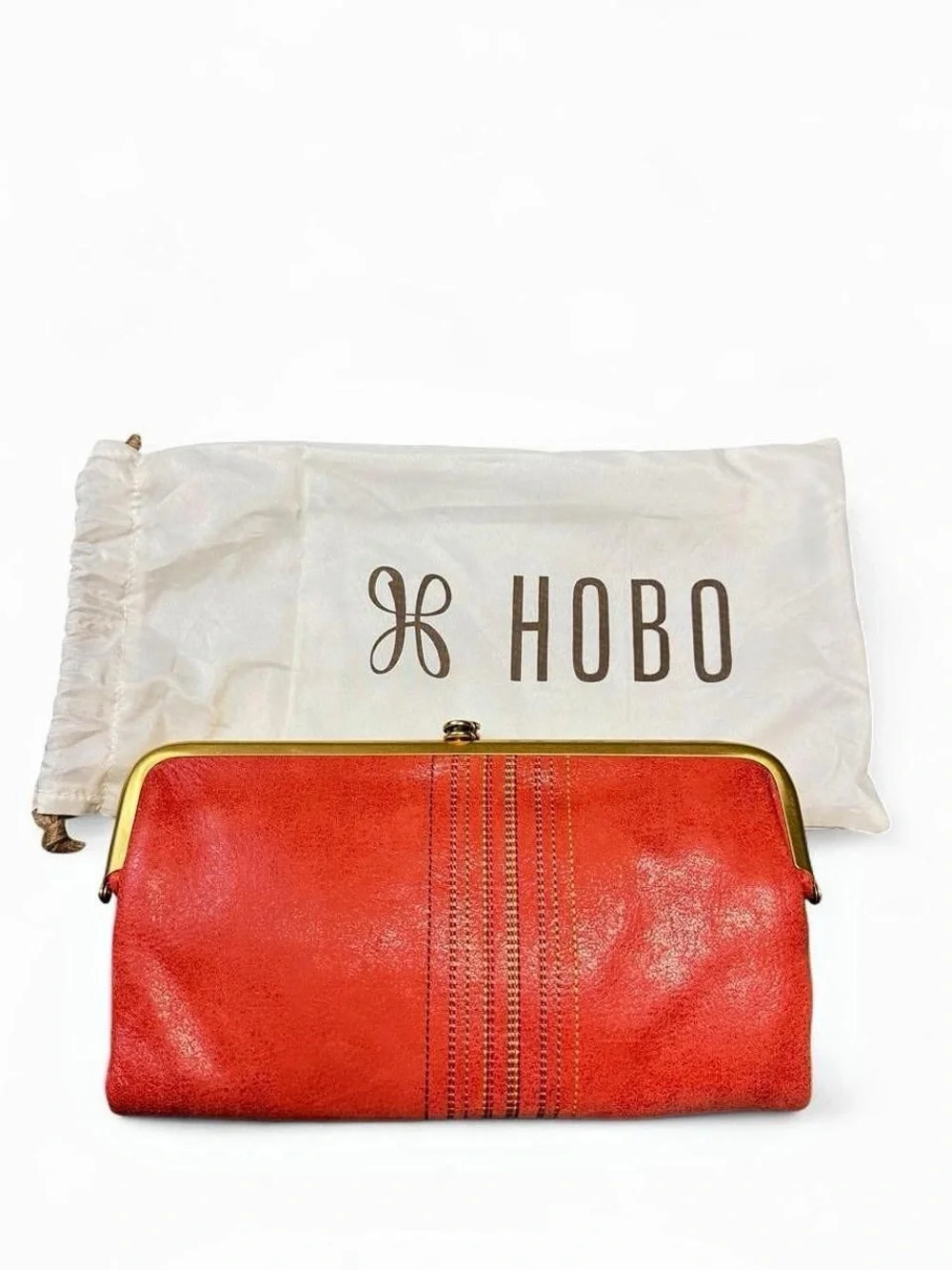 HOBO Orange Leather Kiss-Lock Clutch with Center Stitching